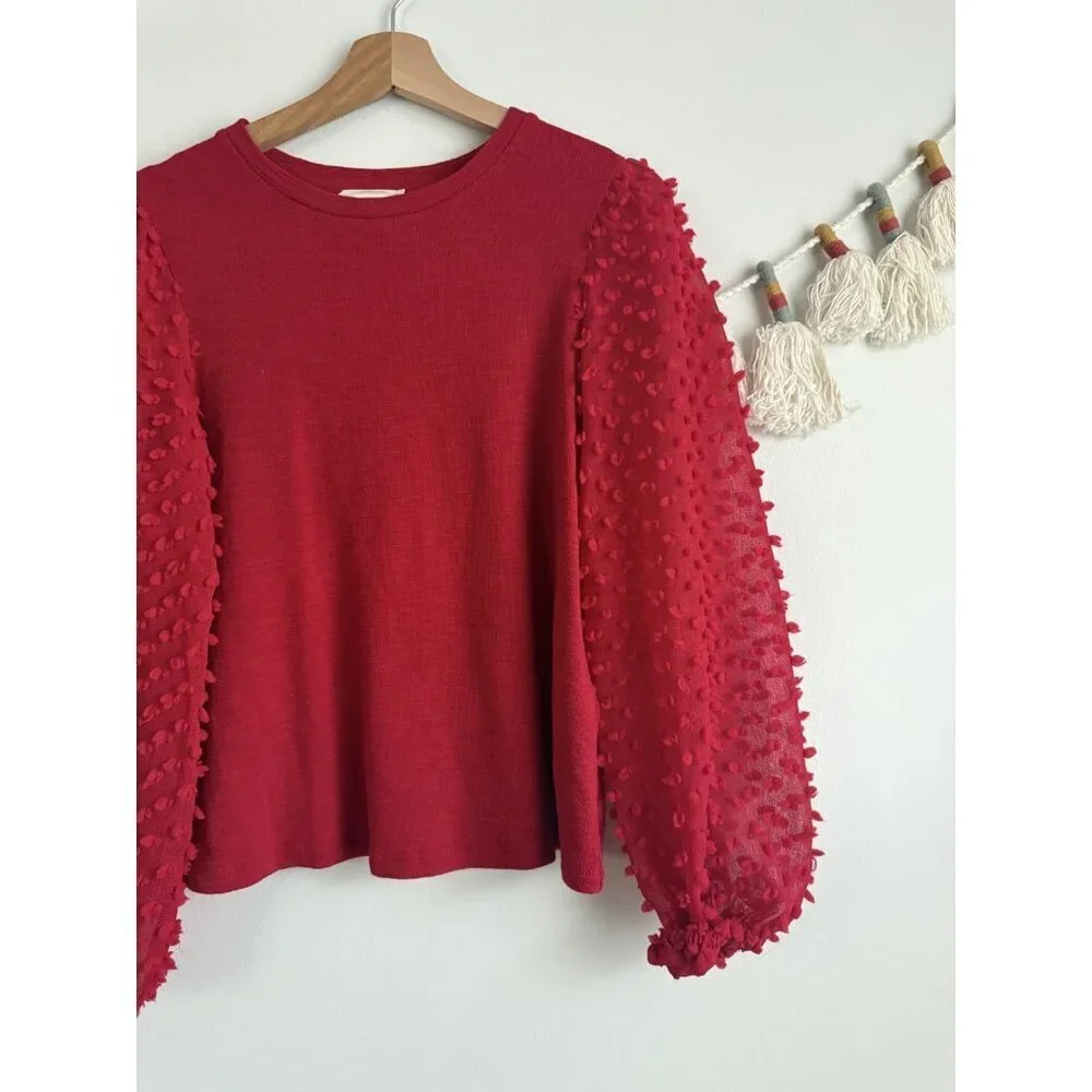 Anthropologie Maeve Textured Slub Cotton Puff Sleeve Top Red Boho Relaxed Fit XS